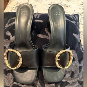 Women's Black Sandals with Gold Buckle